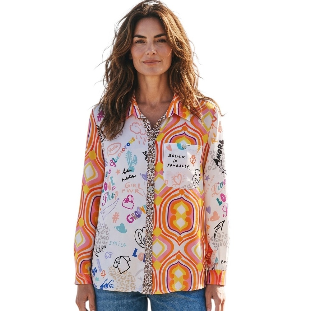 John Mark Dopamine Mixed Wild Print Women's size P Medium Button-front Artsy Top